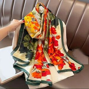 Green orange poppy lant print scarf shawl wrap mask floral design